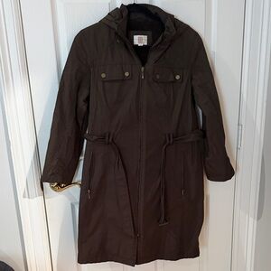 Gallery Dark Brown Utility Jacket heavy trench with hood size medium